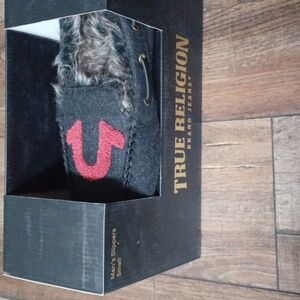 True religion mens felt fur slippers big logo size S Black